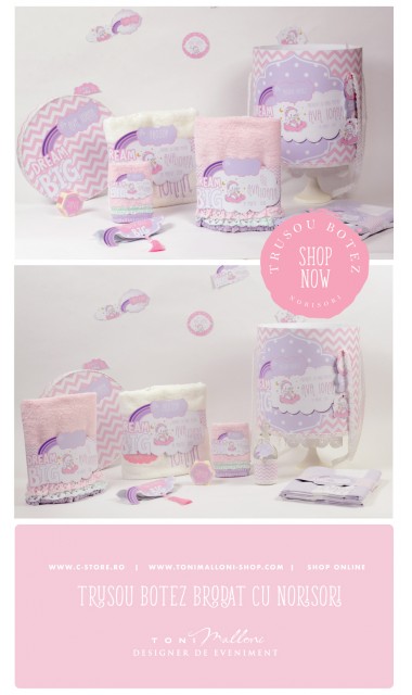 Trusou de botez personalizat si brodat cu norisori pufosi si ursuleti pentru fete, Dream big little girl 2